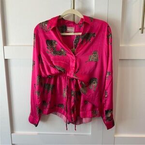 Pink Mumu leopard print pajamas set blouse with tie waist shorts size XS Leopard